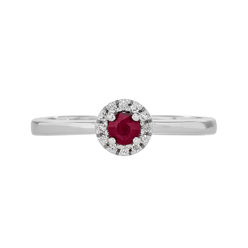 Anillo en oro blanco de 18 Kilates, con rubí central de 0.23 Ct y decoración en diamantes de 0.06 Ct
